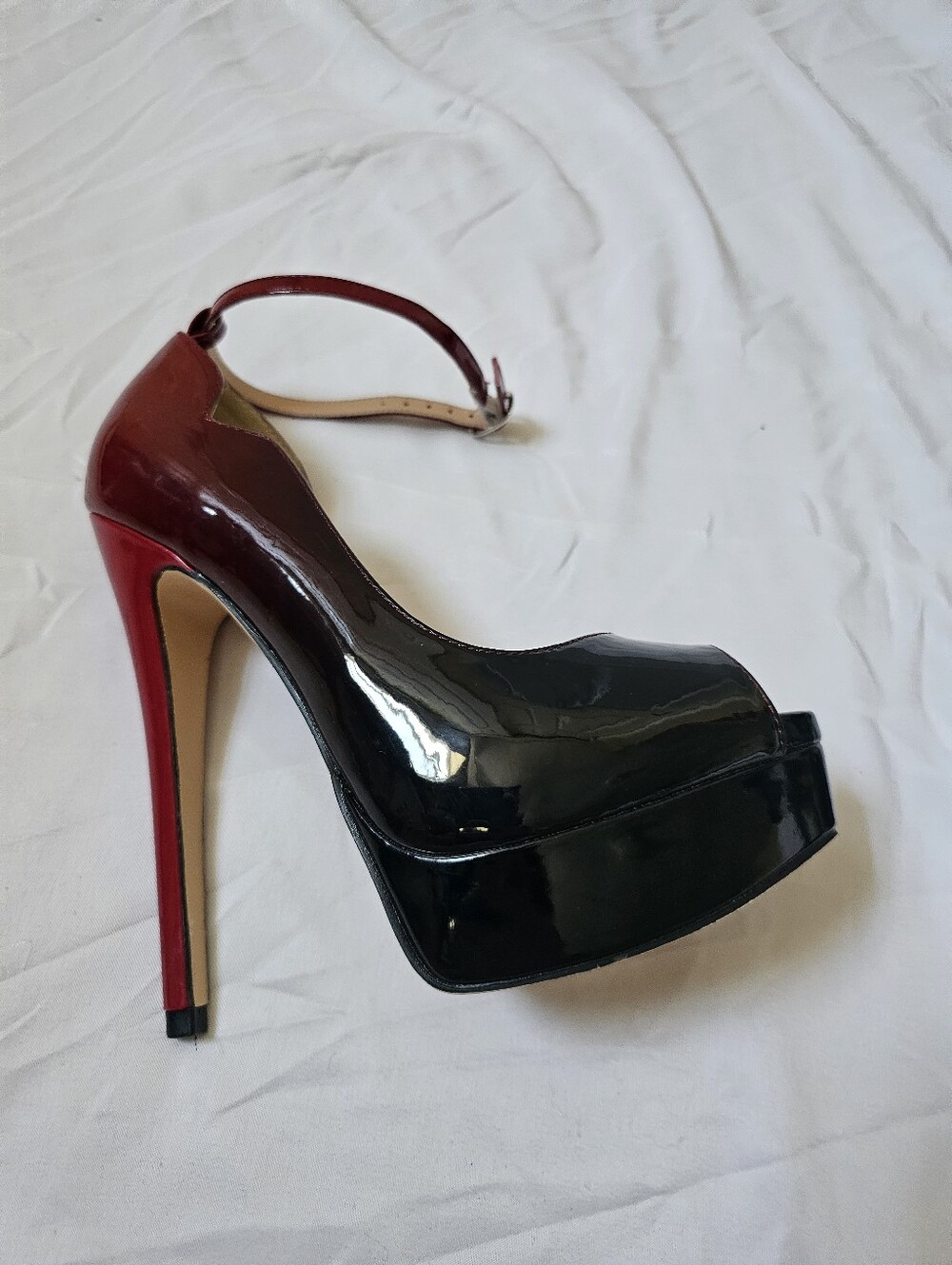 Merumote Size 6.5 Black Burgundy Patent Peep Toe Platform Stiletto Heels - Picture 6 of 11